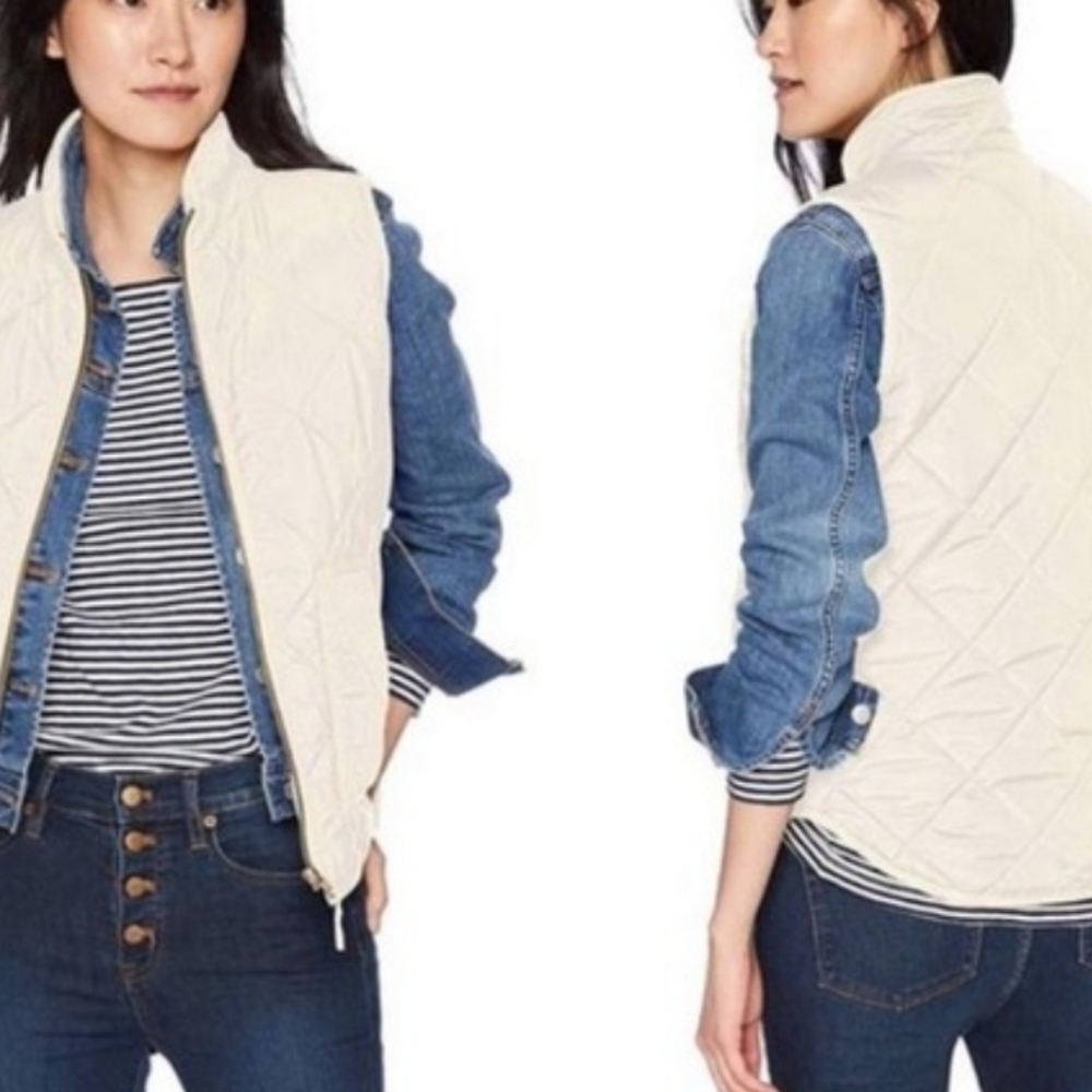 J.Crew Quilted Down Cream Zip Vest Medium Preppy Femimine #246 - Picture 3 of 6